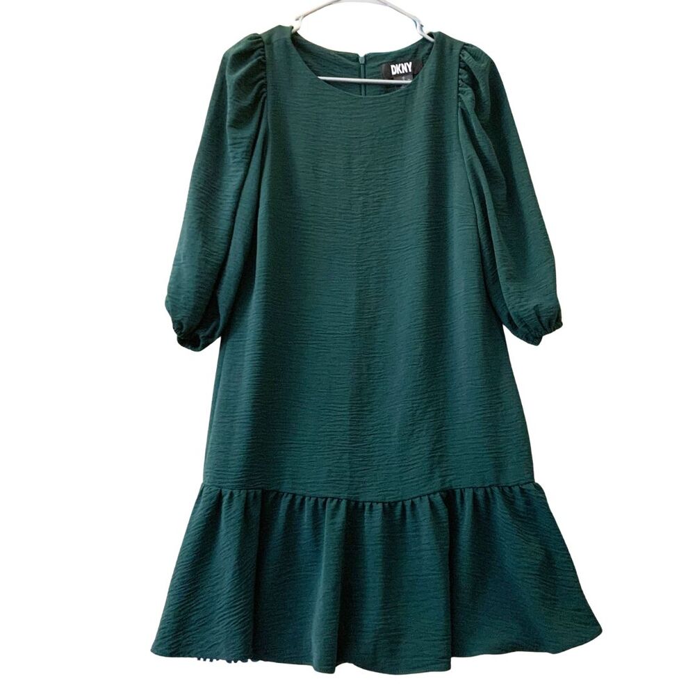 DKNY Puff Sleeve Tiered Midi Dress Dark Green Textured Loose Fit Size 4 - Picture 12 of 14